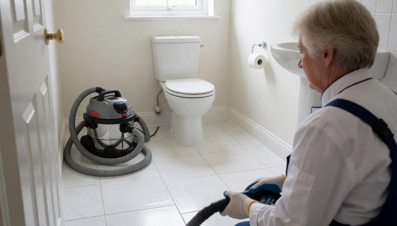 Plumber wearing gloves and holding tools working in a new bathroom with white tile floor and shiny fixtures.
