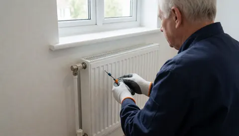 Heating installer adjusting a new white radiator under a window with natural light, showing pipes and tools.