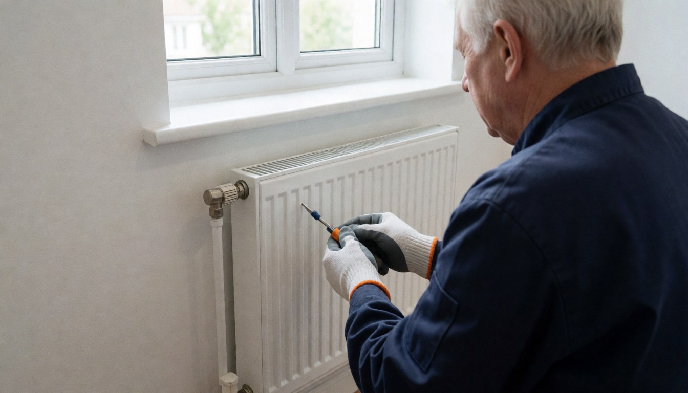 Heating installer adjusting a new white radiator under a window with natural light, showing pipes and tools.