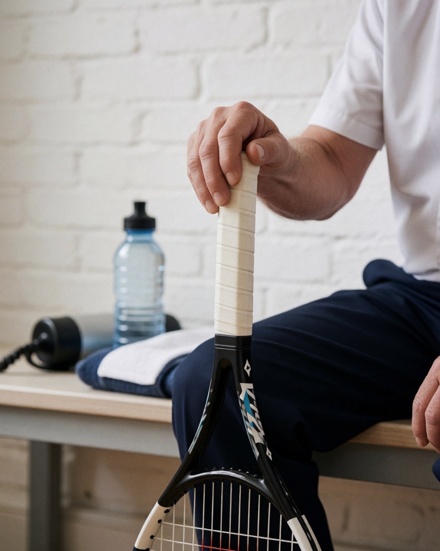 Close-up of a hand gripping a tennis racket with tape, placed near a water bottle and towel on a table at a training facility.