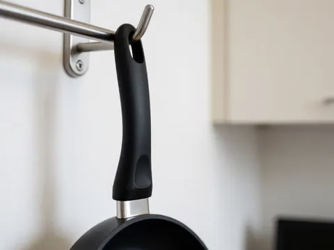 Close-up of a black frying pan handle suspended from a metal holder in a kitchen with white walls and blurred cabinets.