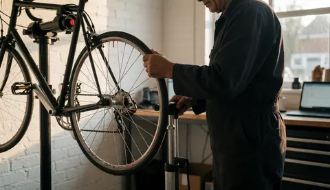 Mechanic inflating a bicycle tire with a pump in a workshop with a white brick wall and warm light.