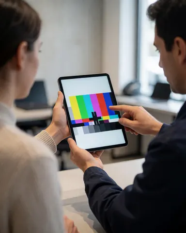 Technician showing a calibration pattern on a tablet screen to a client in an office setting for device repair.