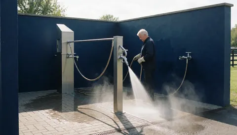 A man wearing gloves washes the floor of an equestrian wash area with a hose, featuring blue walls and metal equipment.