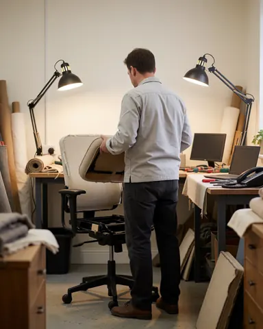 Upholsterer working on a disassembled office chair in a workshop with tools and fabric rolls under desk lamps