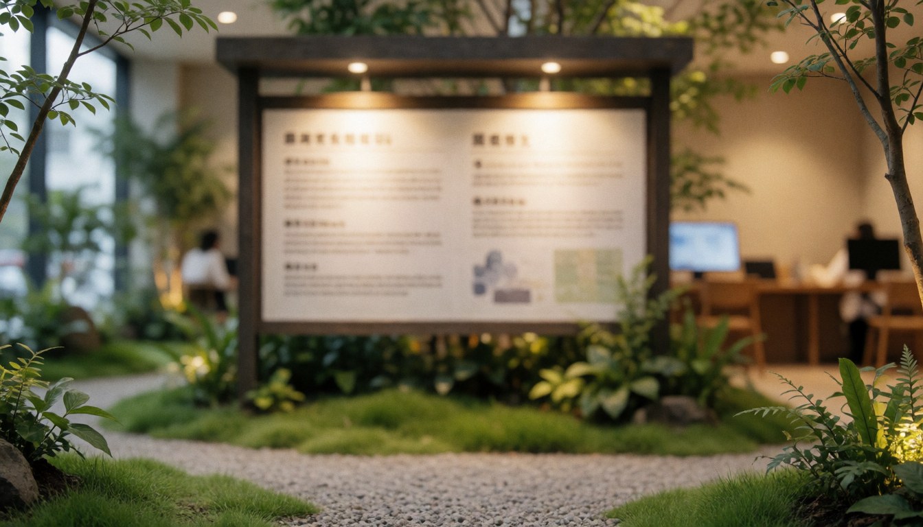 An informational kiosk situated in a garden with grass and gravel, illuminated with warm lighting, suitable for theme parks or gathering spaces.