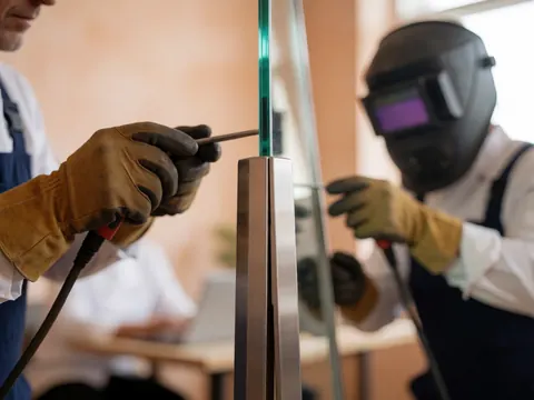 Close-up of glaziers adjusting a metal frame with tools in a workshop with terracotta plaster walls