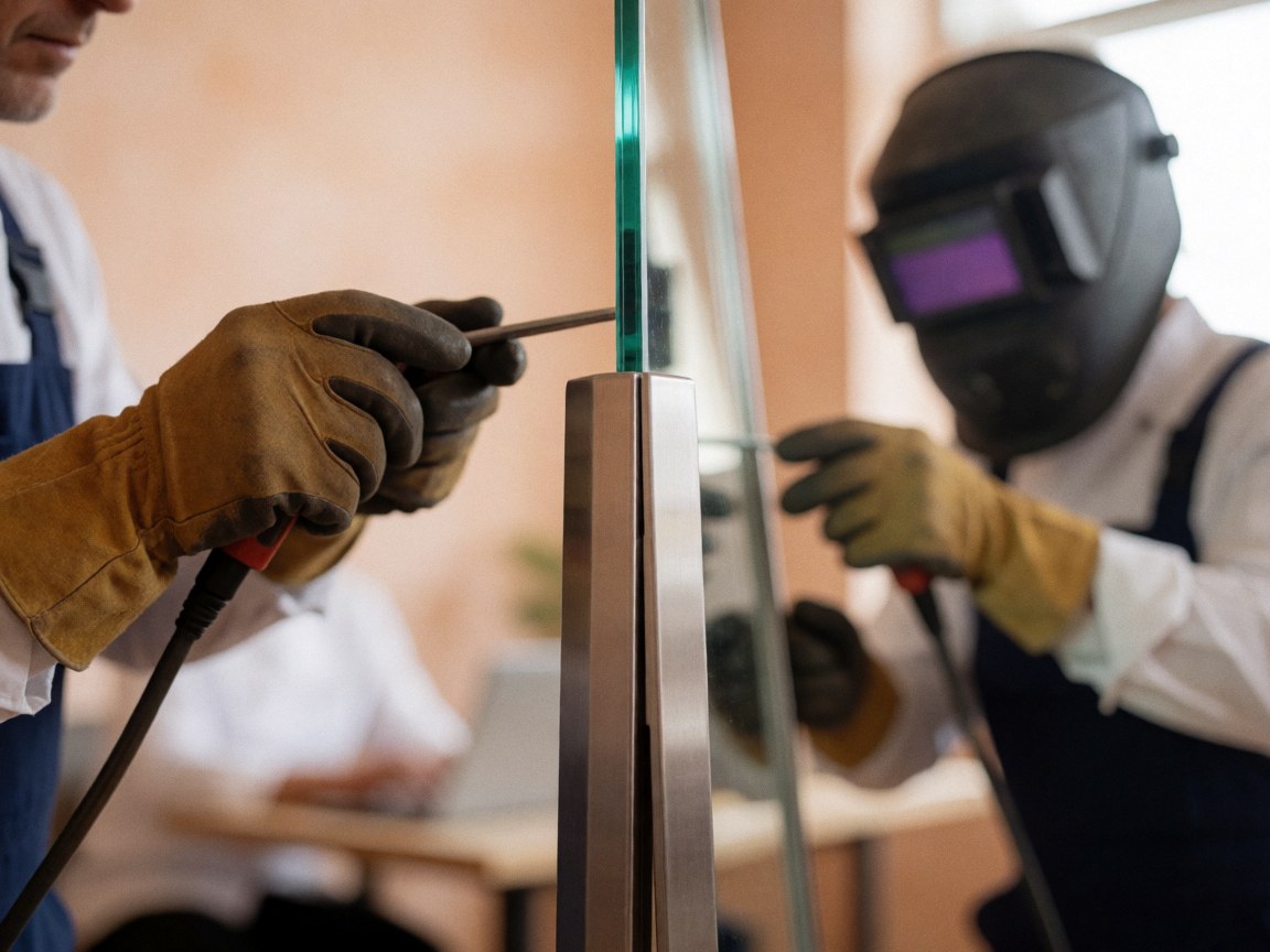 Close-up of glaziers adjusting a metal frame with tools in a workshop with terracotta plaster walls