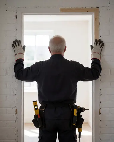 Back view of a door installer adjusting a frame with a level and drill against a white brick wall