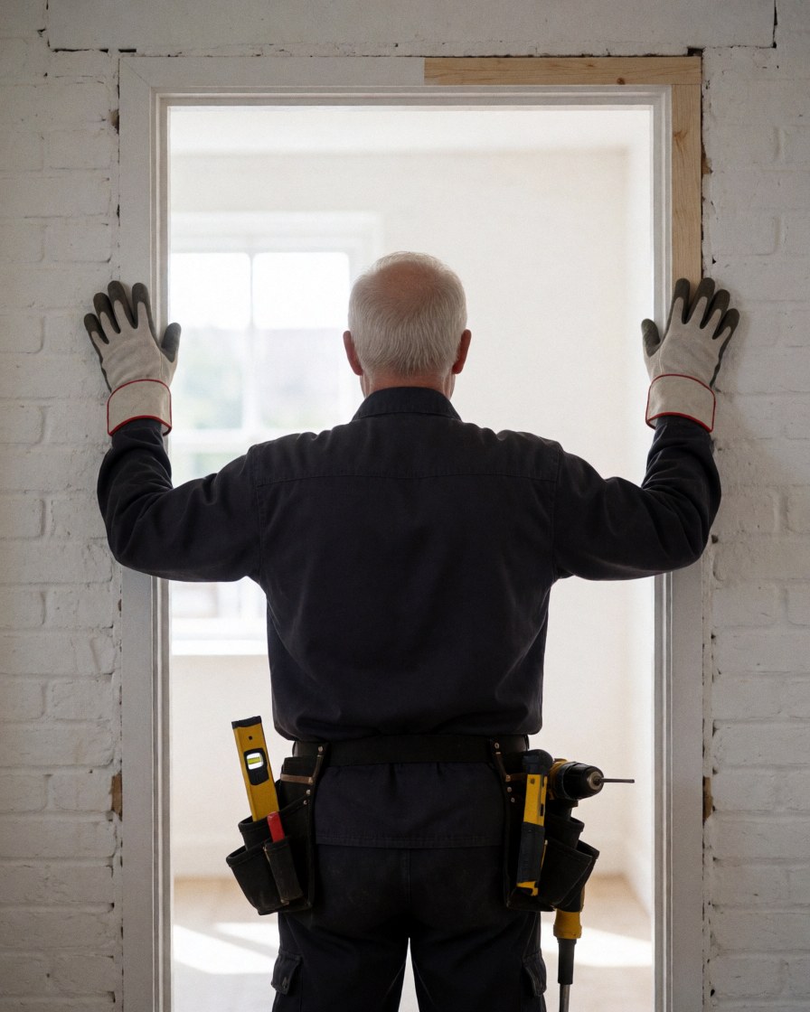 Back view of a door installer adjusting a frame with a level and drill against a white brick wall