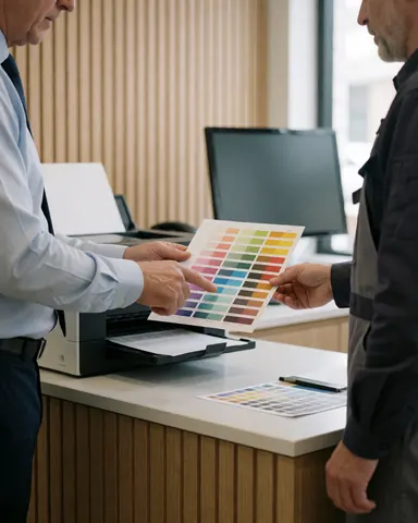 A technician and client inspect a colorimeter on a color printer in an office with wood walls