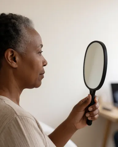 A happy customer looks at her radiant skin in a hand mirror after a facial cleansing treatment at a beauty salon.