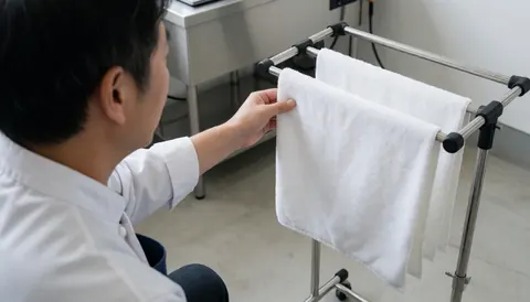 A worker takes a white towel from a metal shelf in a clean car wash drying area with stainless steel station.