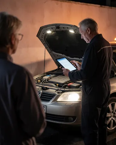 Tow truck operator inspects a vehicle with an open hood using a tablet under work lights at night