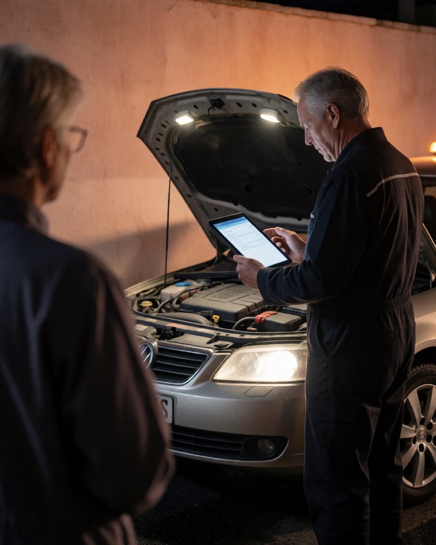Tow truck operator inspects a vehicle with an open hood using a tablet under work lights at night