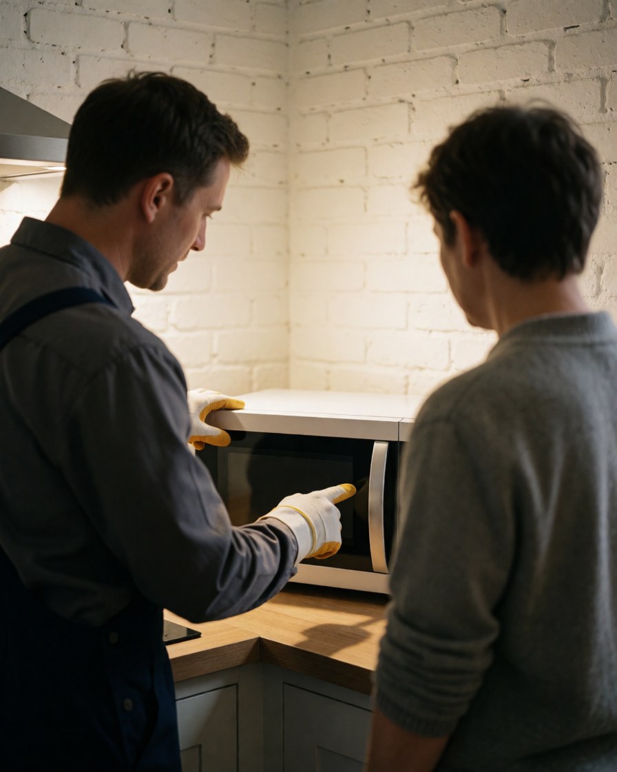 Technician in gloves explains microwave repair to a customer in a kitchen with a white brick wall