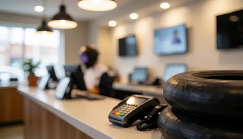 Service counter in a bike workshop featuring stacked tires, a cash register, and hanging lights above the workspace.