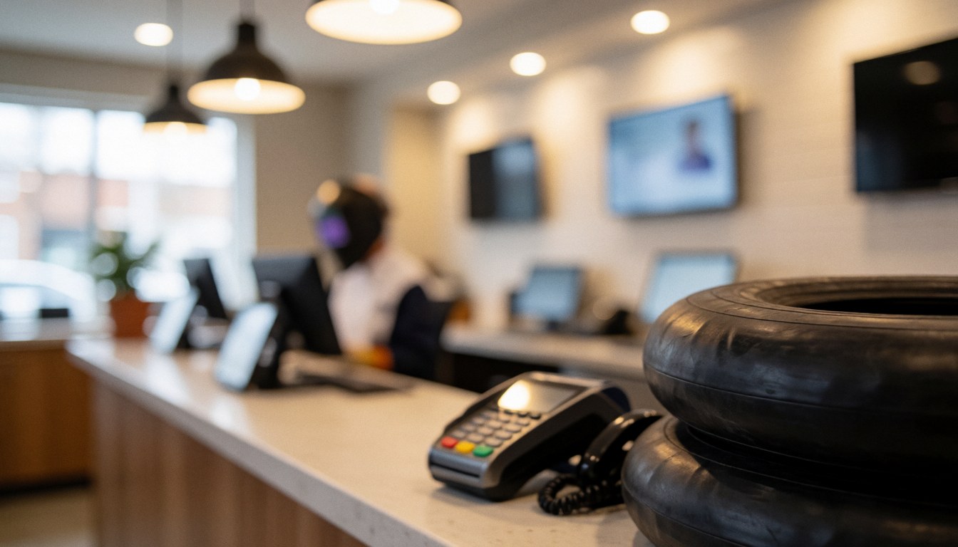 Service counter in a bike workshop featuring stacked tires, a cash register, and hanging lights above the workspace.