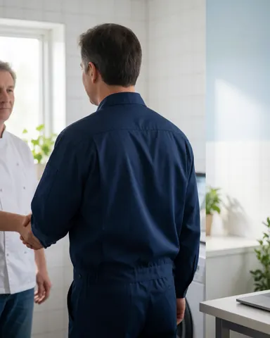 A technician in a blue uniform shakes hands with a satisfied customer in a modern laundry room with white walls and natural light.