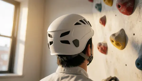 Back view of a climber wearing a white helmet looking at an indoor climbing wall with colorful holds and natural light from a window