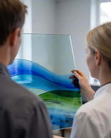A customer observes a piece of fused glass with blue and green waves held by an artist in a workshop with light gray walls.