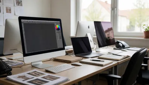 Design desk with monitors, notebooks, and natural light, ideal for graphic printing text backgrounds