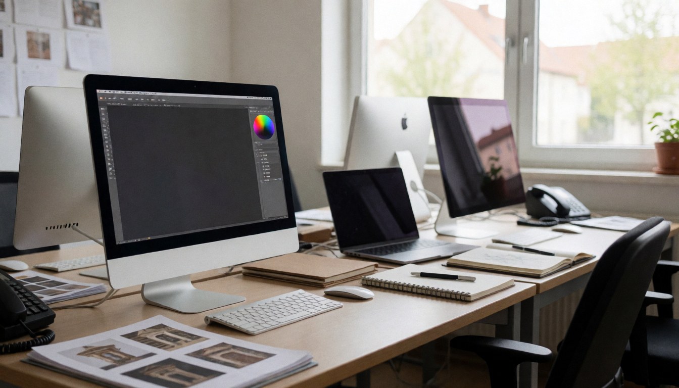 Design desk with monitors, notebooks, and natural light, ideal for graphic printing text backgrounds