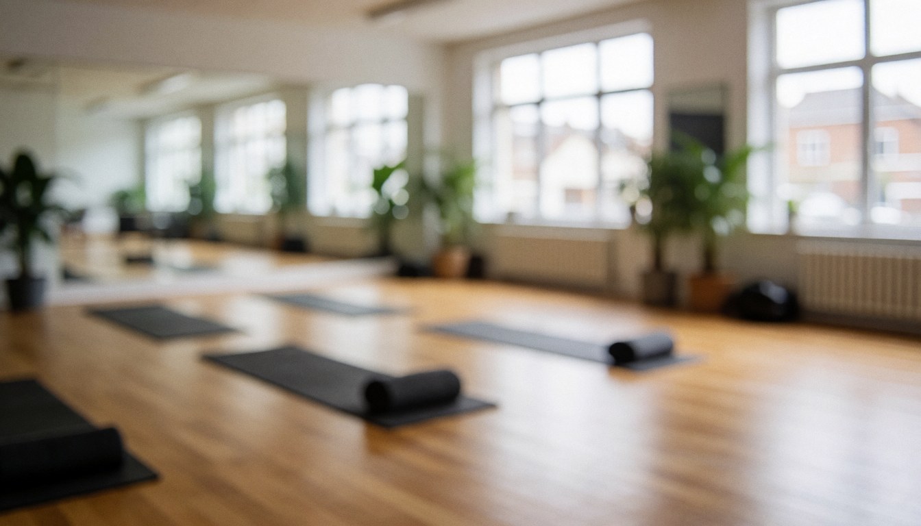 Empty yoga studio interior featuring wooden floors, large windows, and plants, serving as a serene background for wellness text.