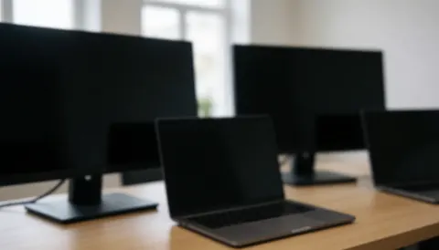 Laptop and computer monitors placed on a wooden desk with a blurred background, ideal for text overlay