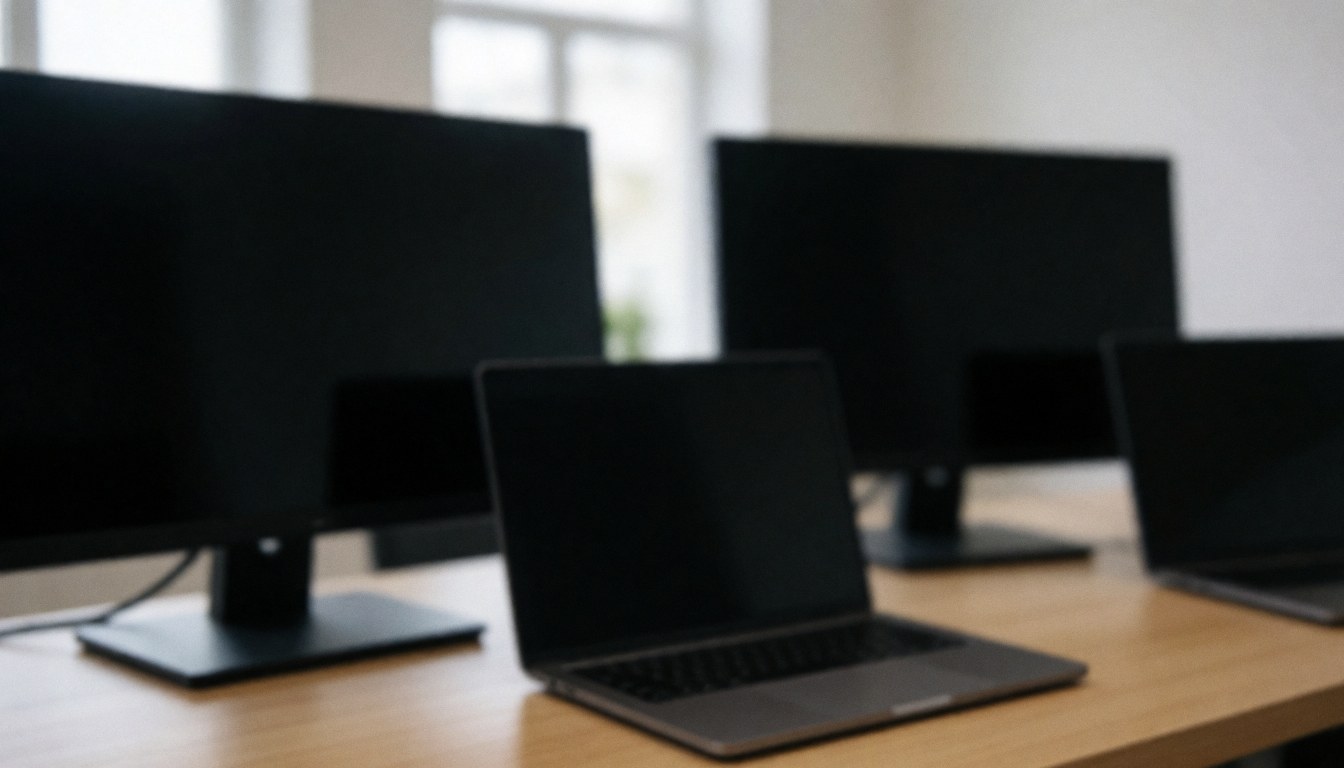 Laptop and computer monitors placed on a wooden desk with a blurred background, ideal for text overlay