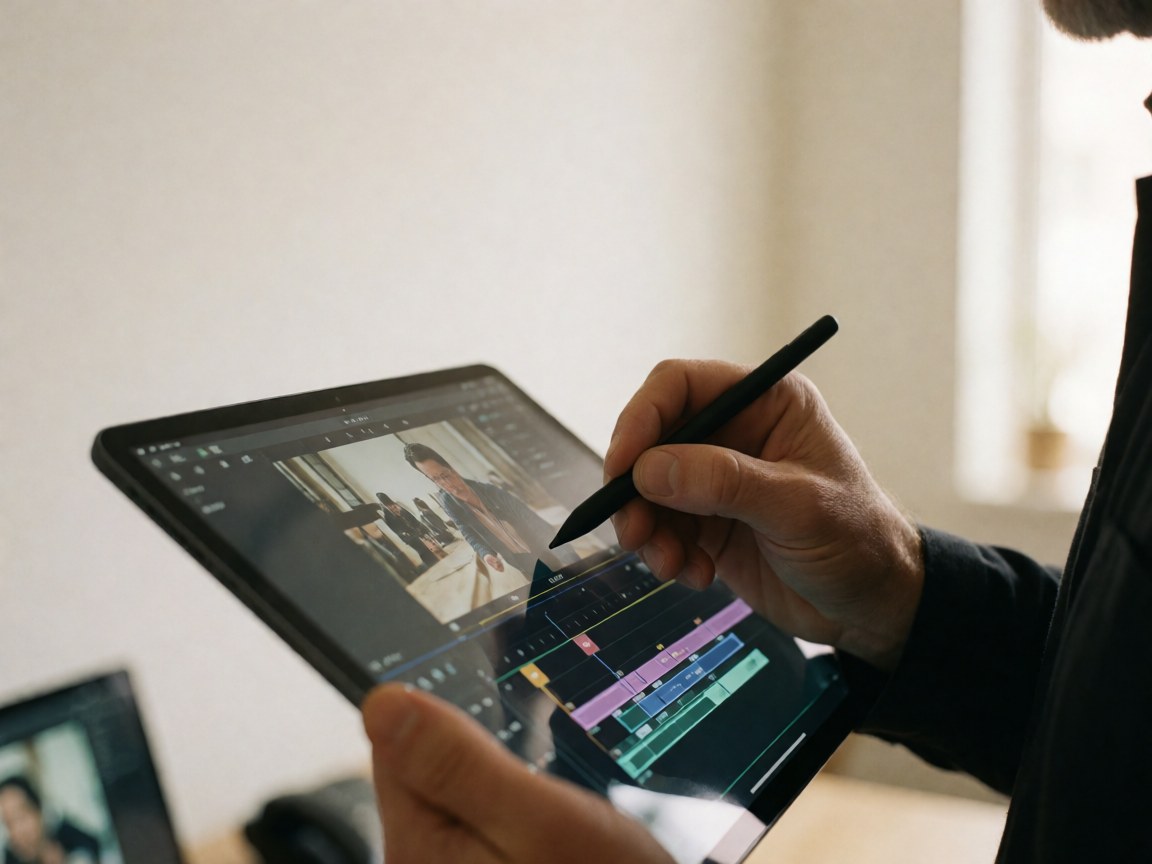 Close-up of a hand using a stylus on a tablet screen displaying a video editing timeline against a white wall with warm lighting