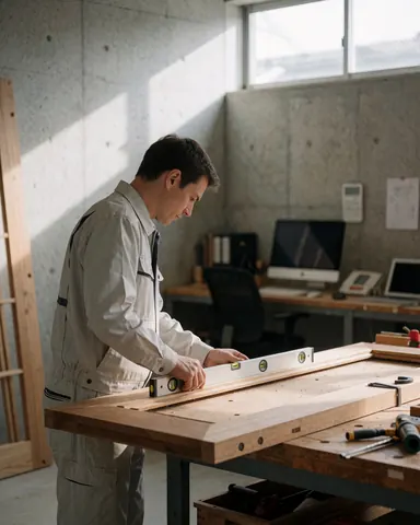 Carpenter measuring a new wooden door frame with a metal level in a workshop with concrete walls and sunlight.
