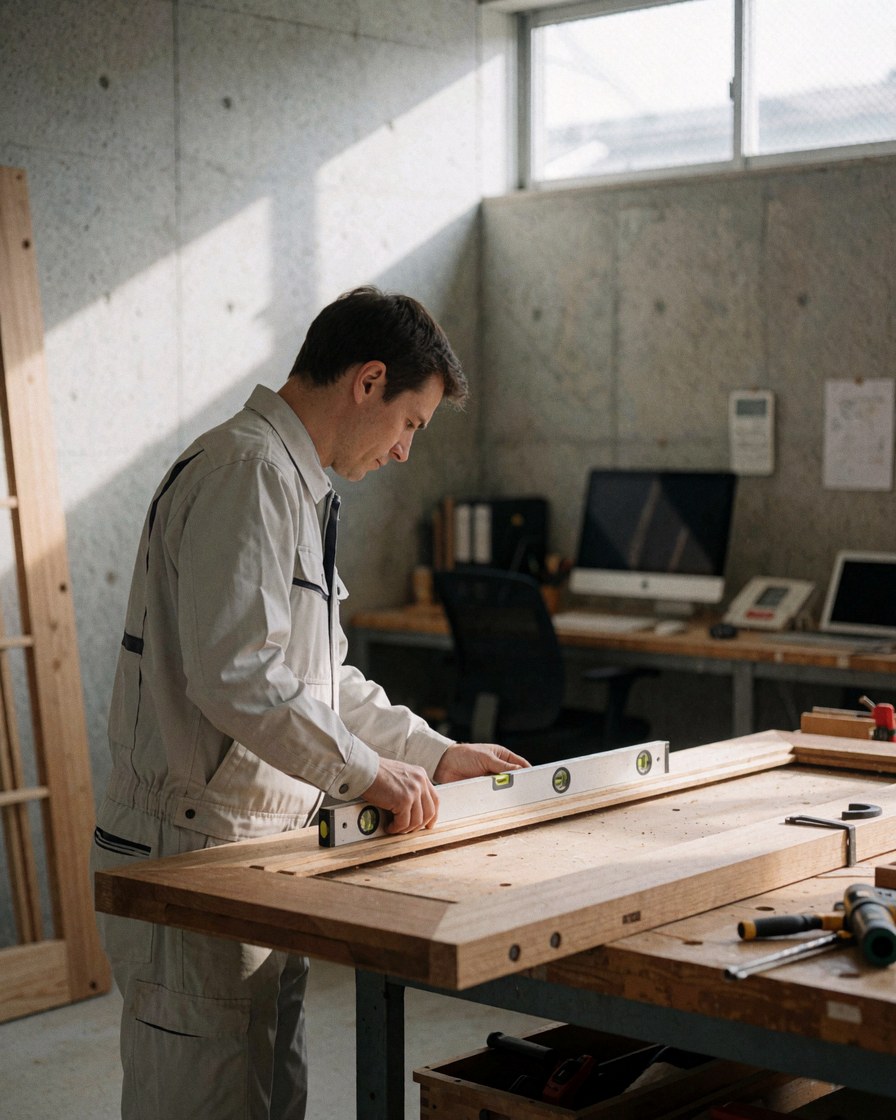 Carpenter measuring a new wooden door frame with a metal level in a workshop with concrete walls and sunlight.
