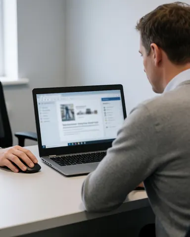 A satisfied client examines a digital design proof on a laptop screen while seated in a modern office environment.