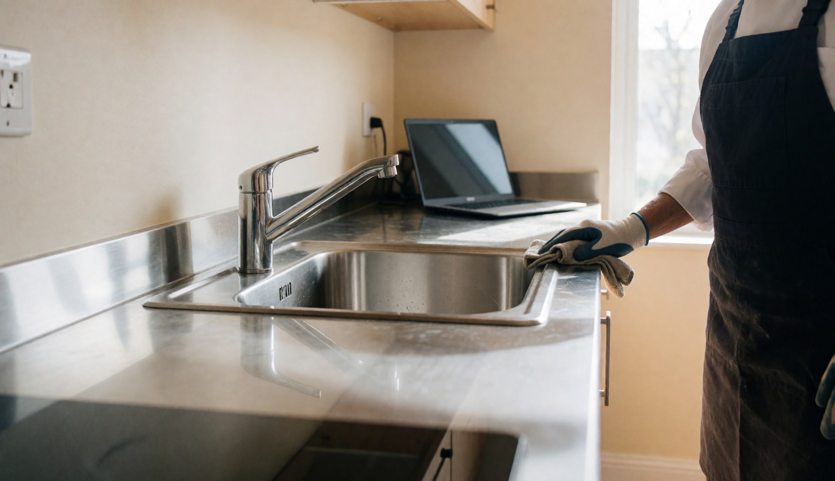 A professional cleaner wearing gloves is washing a stainless steel sink in a modern kitchen with natural light and beige walls.