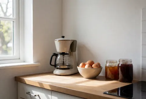 Rustic kitchen counter featuring a ceramic coffee pot, fresh eggs, and jam jars illuminated by natural window light, suitable for rural lodging.