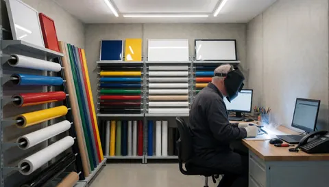 Professional working with vinyl in a printing studio surrounded by color samples and materials with concrete walls and bright light