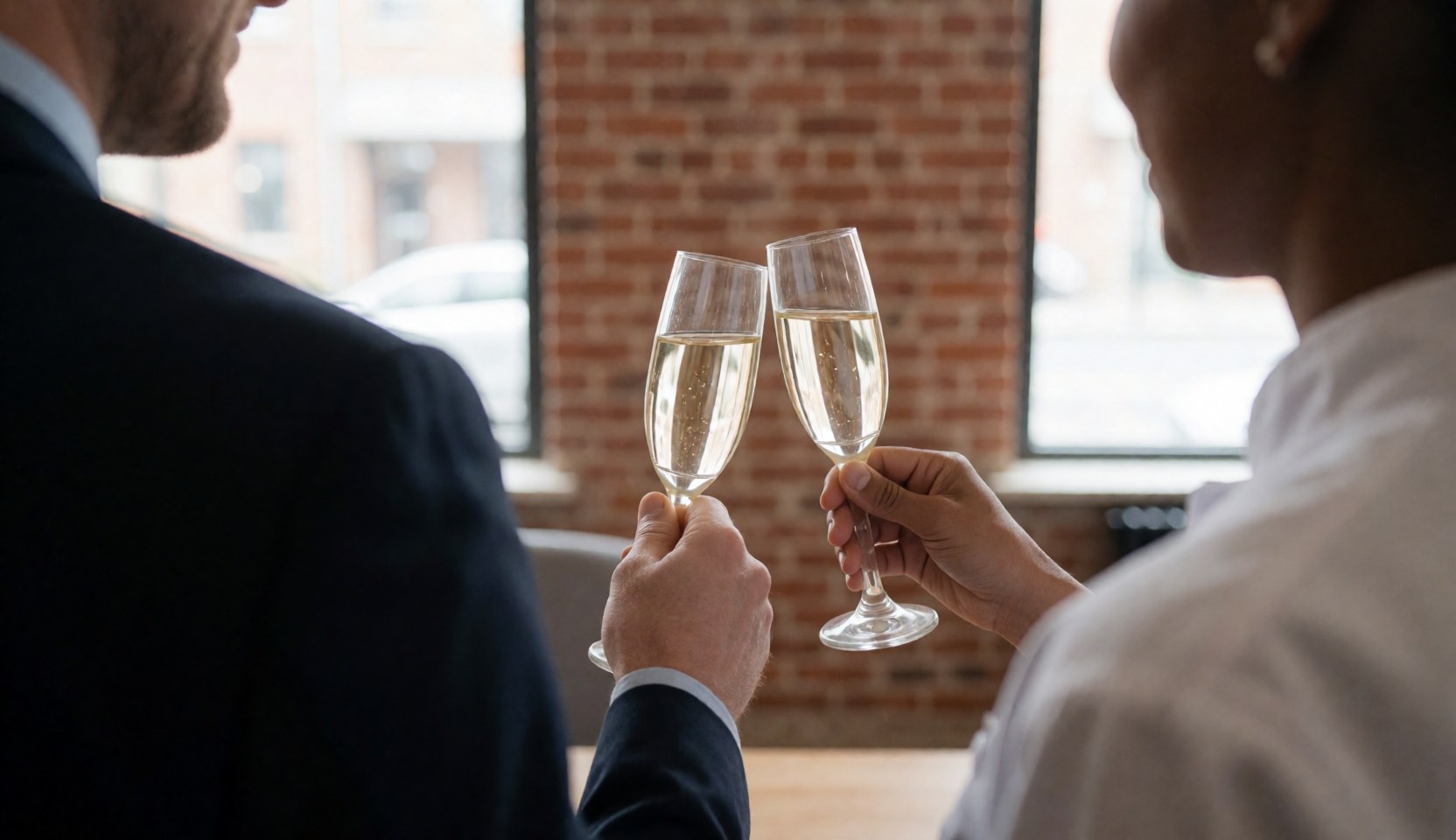 Two individuals clinking champagne glasses during a celebration in a room with a brick wall and natural light