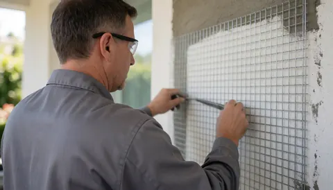 A technician wearing safety glasses secures metal mesh to an exterior wall for thermal insulation, holding a tool in natural daylight.
