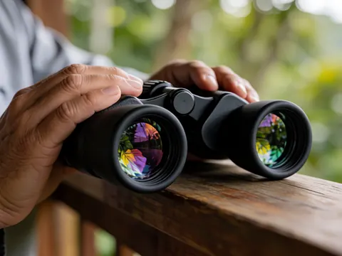 Professional binoculars resting on a wooden railing with colorful foliage reflected in the lenses at a jungle zoo setting.