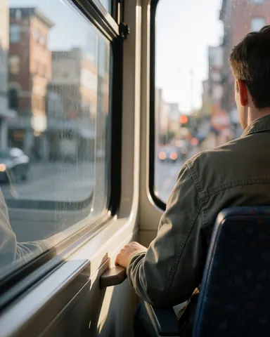 A young passenger observes the city from a train window, with sunset light illuminating their shoulder and the blue patterned seat.