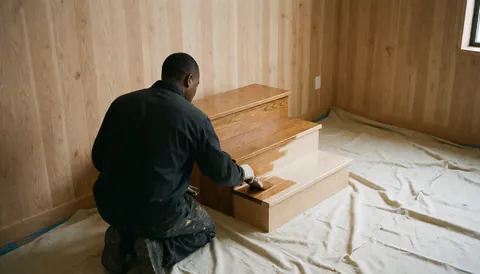 A worker applies varnish to wooden stairs in a room with paneled walls and protective paper on the floor.