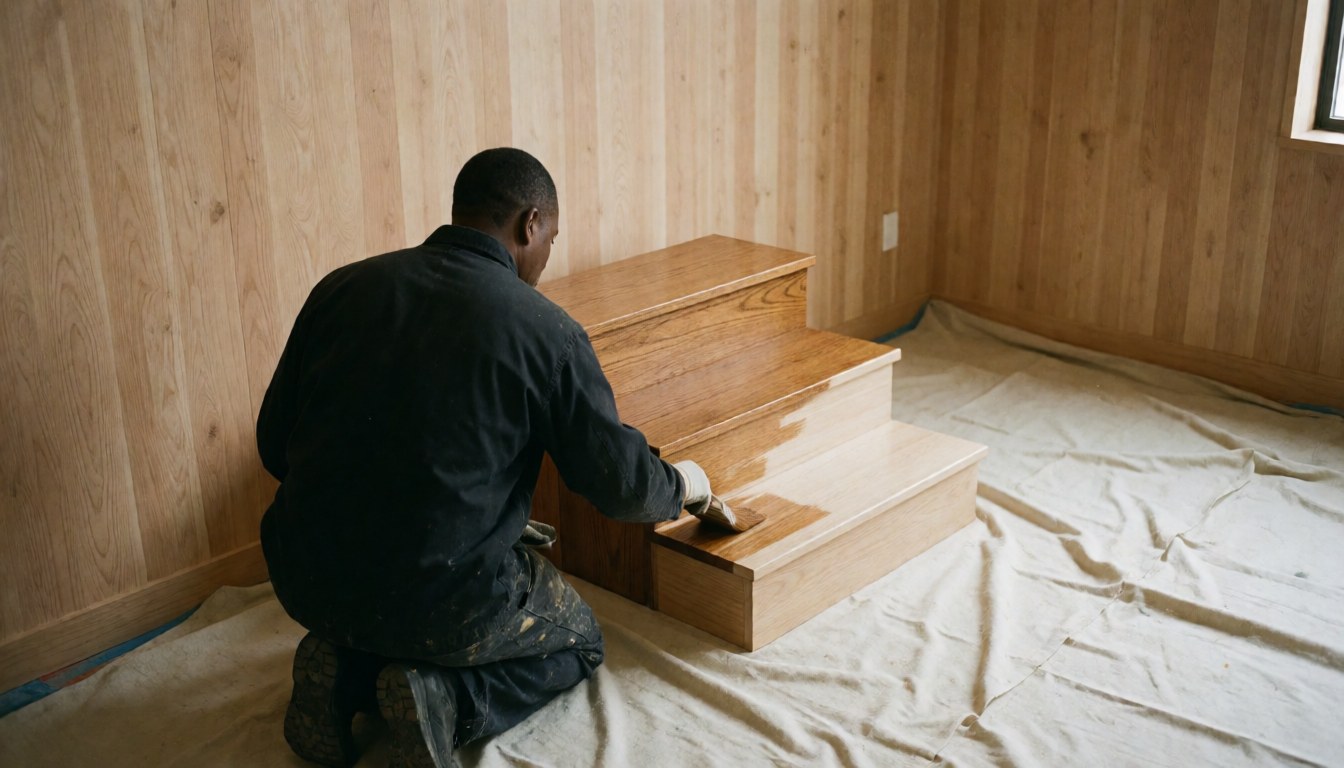 A worker applies varnish to wooden stairs in a room with paneled walls and protective paper on the floor.