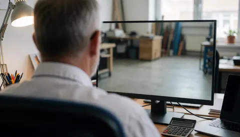 Back view of a person at a desk with a monitor, calculator, and pencils showing an industrial workshop reflection on the screen