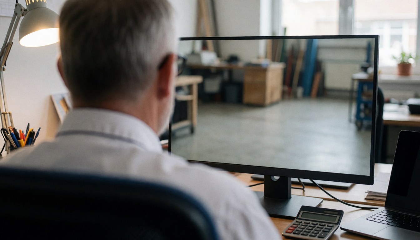 Back view of a person at a desk with a monitor, calculator, and pencils showing an industrial workshop reflection on the screen