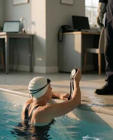 A hooded swimmer holding a stopwatch in a warm-lit indoor pool during a training session