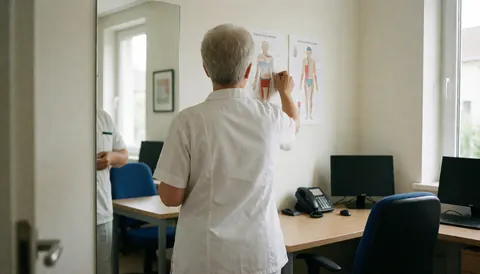 Physiotherapist adjusting an anatomy poster in a clean, well-lit consultation room with a mirror and desk