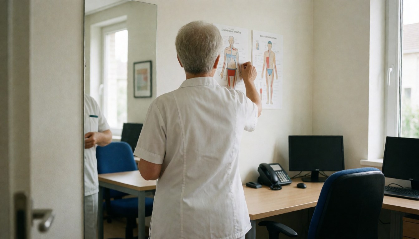 Physiotherapist adjusting an anatomy poster in a clean, well-lit consultation room with a mirror and desk