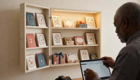 Illuminated shelf displaying greeting cards and gifts in a stationery shop with a light wall and a person working on a laptop in the background