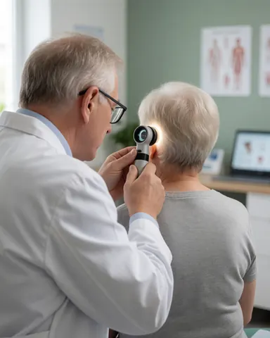 A doctor in a white coat uses a dermatoscope to examine a patient's skin during a medical consultation in a clinical setting.